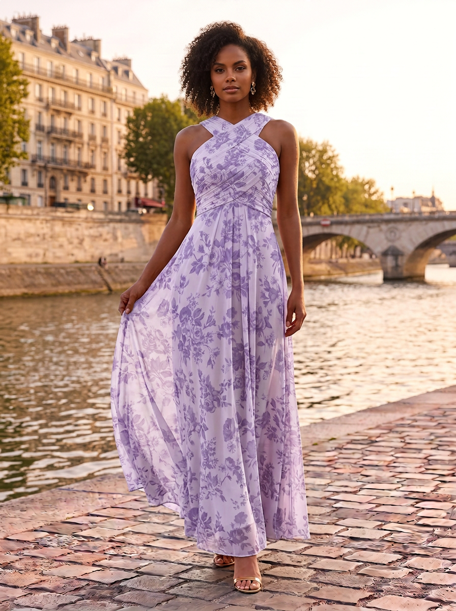 Lavender Floral Chiffon Halter Crossover Pleated A-Line Floor-Length Gown Dress