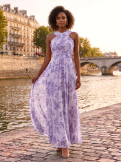 Lavender Floral Chiffon Halter Crossover Pleated A-Line Floor-Length Gown Dress