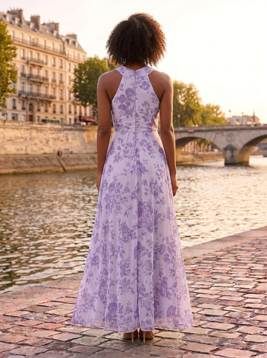 Lavender Floral Chiffon Halter Crossover Pleated A-Line Floor-Length Gown Dress