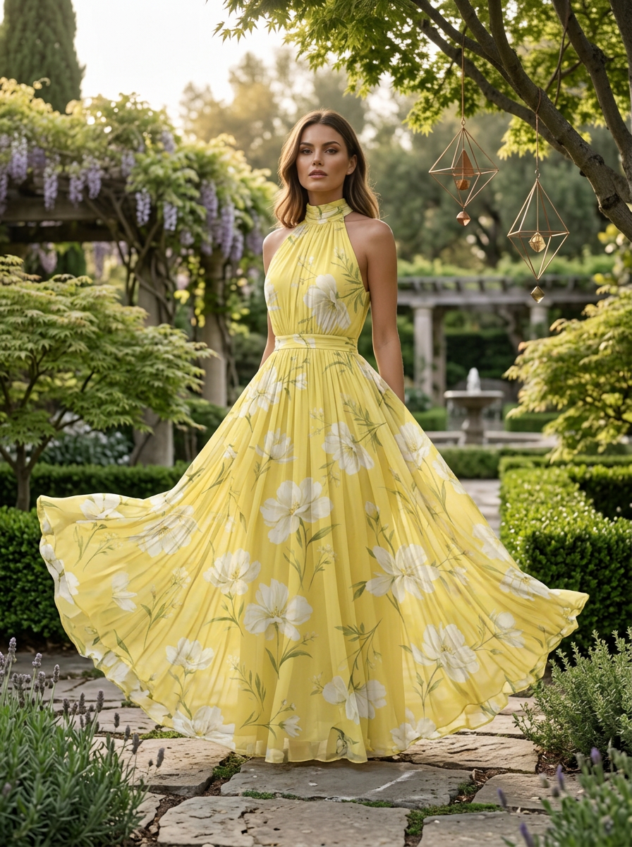 Yellow and White Floral Chiffon Halter Pleated Floor-Length Gown Dress