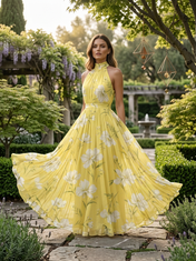 Yellow and White Floral Chiffon Halter Pleated Floor-Length Gown Dress