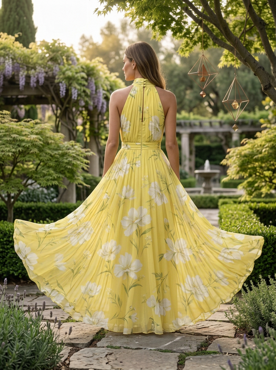 Yellow and White Floral Chiffon Halter Pleated Floor-Length Gown Dress