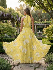 Yellow and White Floral Chiffon Halter Pleated Floor-Length Gown Dress