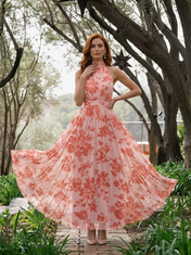 Coral Red Floral Chiffon Halter High-Neck Pleated A-Line Floor-Length Gown Dress
