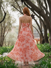 Coral Red Floral Chiffon Halter High-Neck Pleated A-Line Floor-Length Gown Dress