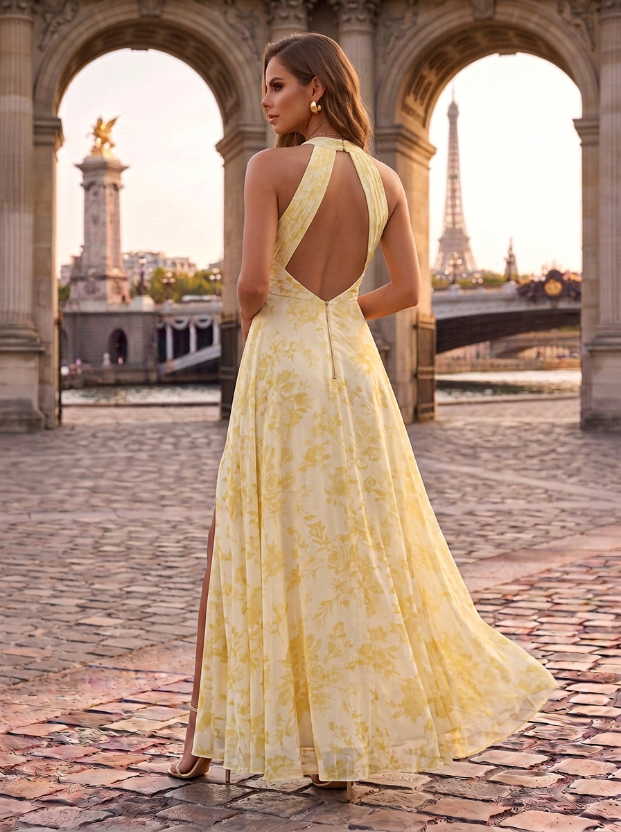 Champagne Floral Chiffon Halter High-Slit A-Line Floor-Length Gown Dress