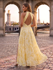 Champagne Floral Chiffon Halter High-Slit A-Line Floor-Length Gown Dress