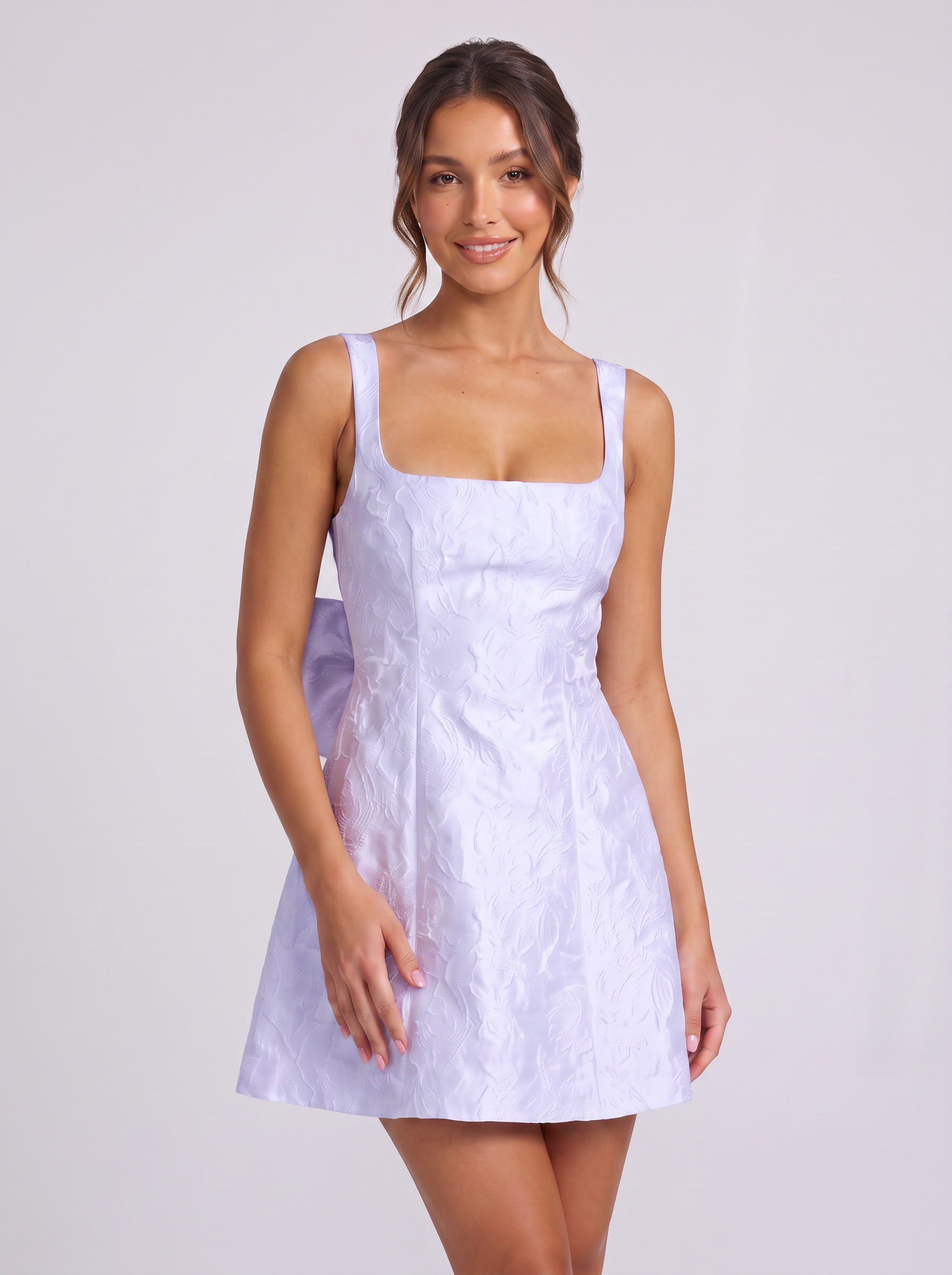Square Neck Bow-Back Mini Homecoming Dresses with Textured Jacquard