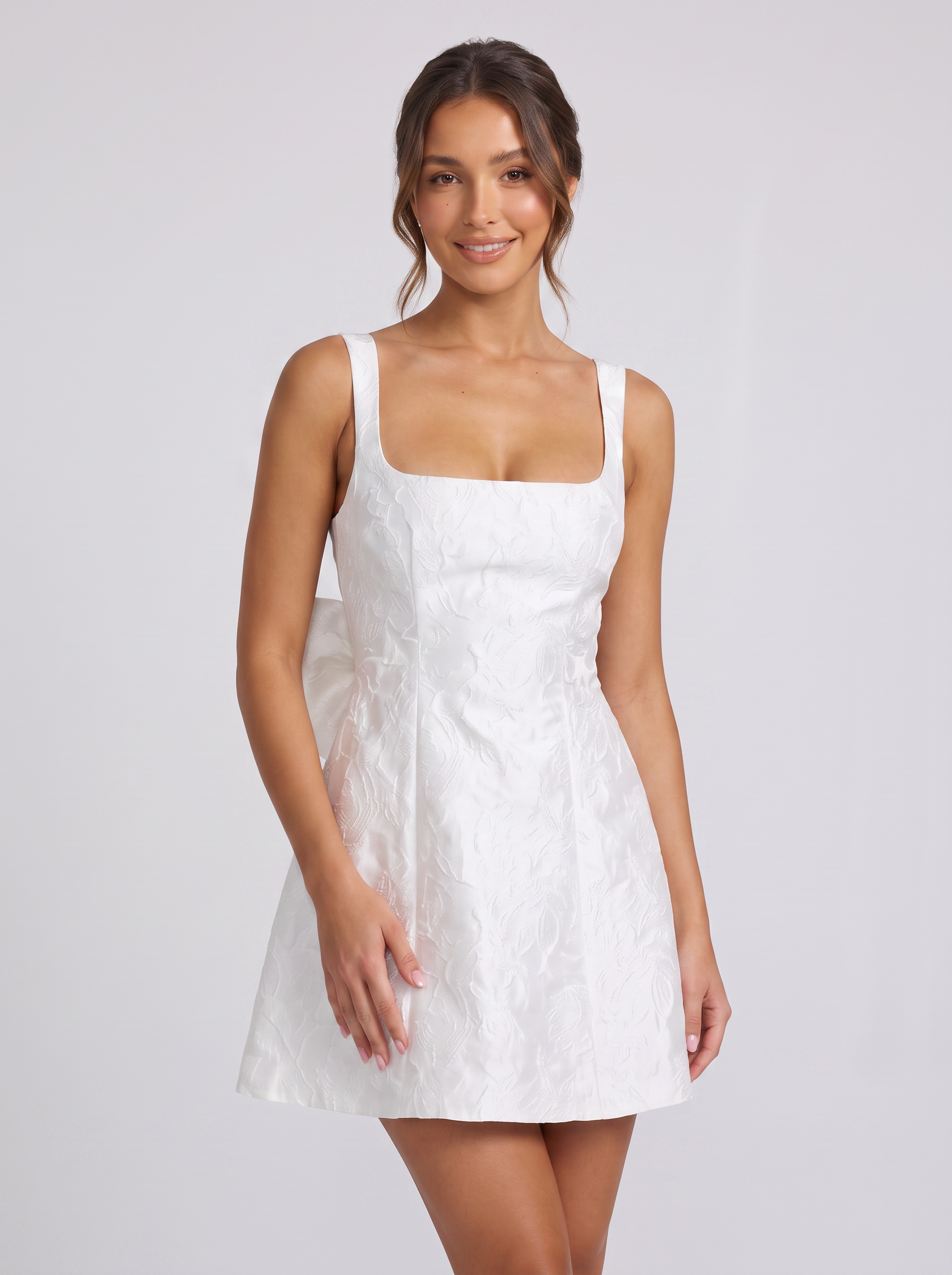 Square Neck Bow-Back Mini Homecoming Dresses with Textured Jacquard