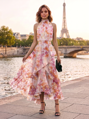 Pink and Orange Floral Chiffon Halter Ruffled Tiered A-Line Floor-Length Gown Dress