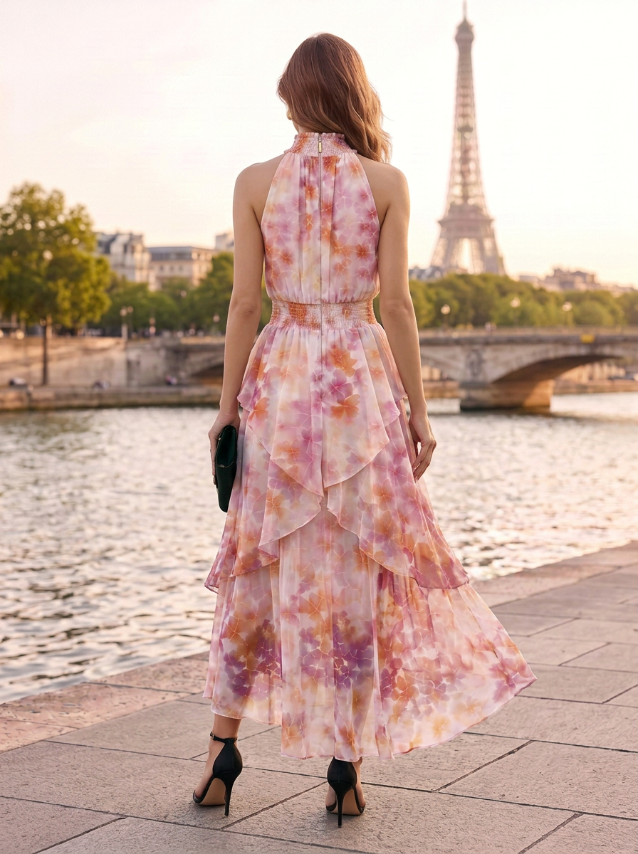 Pink and Orange Floral Chiffon Halter Ruffled Tiered A-Line Floor-Length Gown Dress
