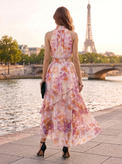 Pink and Orange Floral Chiffon Halter Ruffled Tiered A-Line Floor-Length Gown Dress
