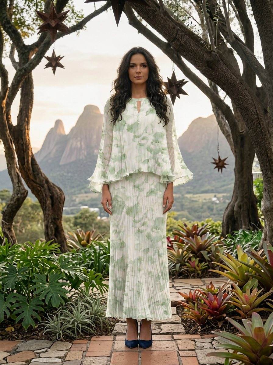 Sage Green and White Pleated Chiffon Round Neck Capelet Sheath Floor-Length Gown Dress