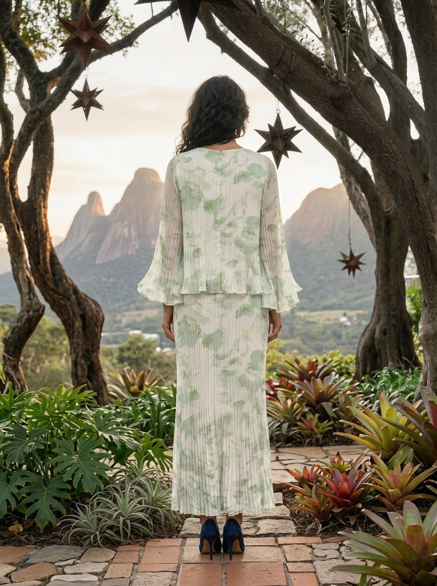 Sage Green and White Pleated Chiffon Round Neck Capelet Sheath Floor-Length Gown Dress