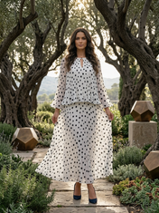 White and Black Polka Dot Chiffon Keyhole Neck Pleated Floor-Length Gown Dress