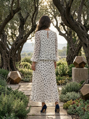 White and Black Polka Dot Chiffon Keyhole Neck Pleated Floor-Length Gown Dress