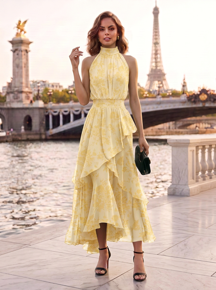 Yellow Floral Chiffon Halter Ruffled High-Low Floor-Length Gown Dress