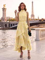 Yellow Floral Chiffon Halter Ruffled High-Low Floor-Length Gown Dress