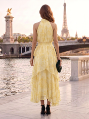 Yellow Floral Chiffon Halter Ruffled High-Low Floor-Length Gown Dress