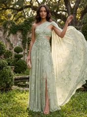 Sage Green Floral Chiffon One-Shoulder Cutout High-Slit Sheath Floor-Length Gown Dress