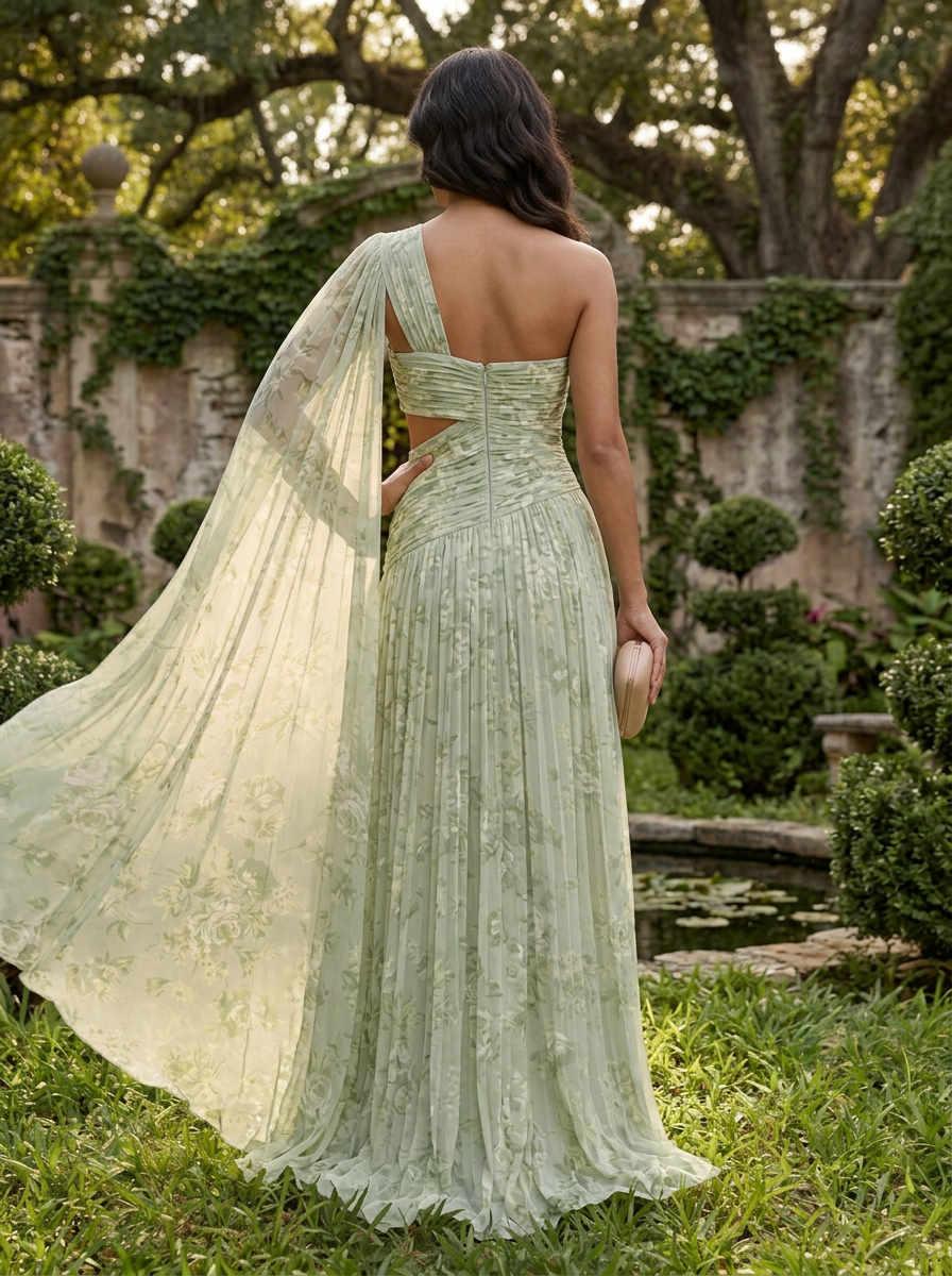 Sage Green Floral Chiffon One-Shoulder Cutout High-Slit Sheath Floor-Length Gown Dress