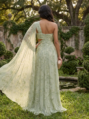 Sage Green Floral Chiffon One-Shoulder Cutout High-Slit Sheath Floor-Length Gown Dress