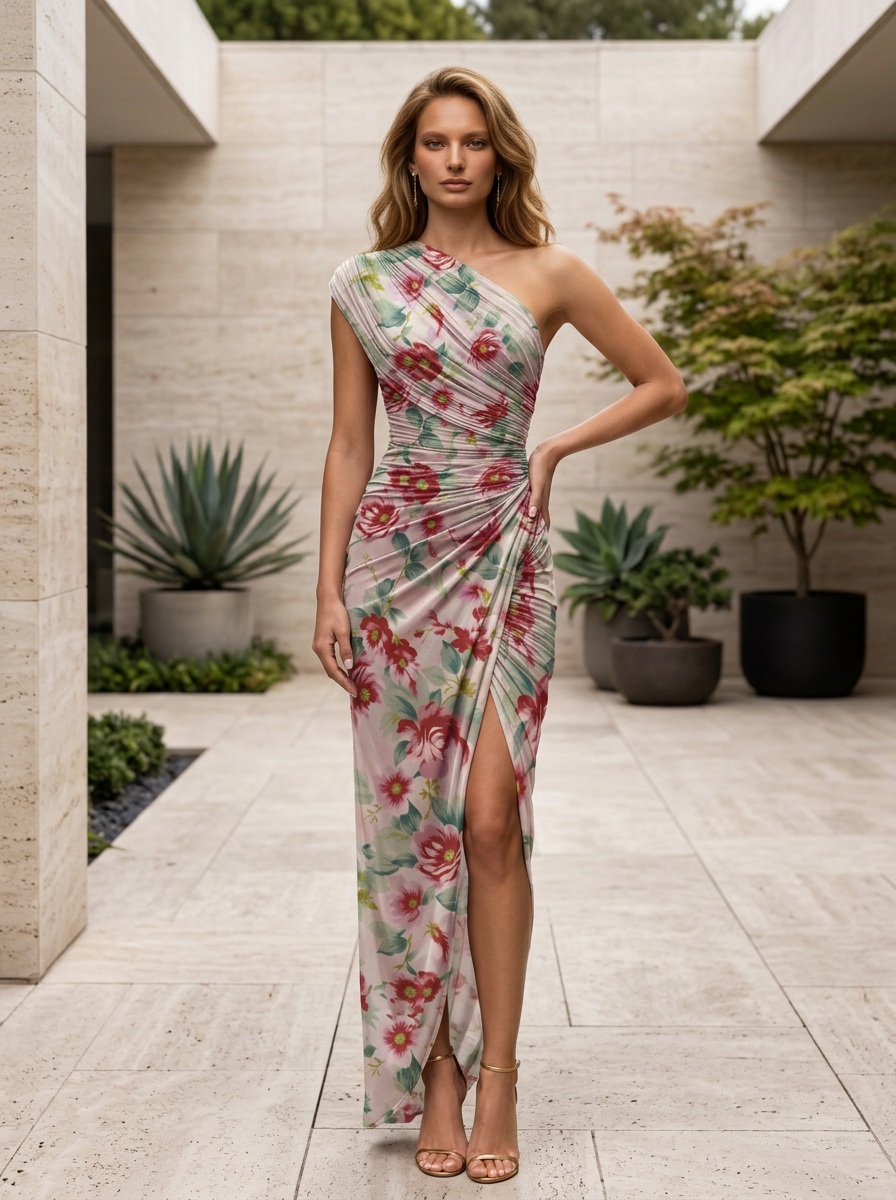 Red and Pink Floral Chiffon One-Shoulder High-Slit Sheath Floor-Length Gown Dress