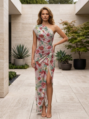 Red and Pink Floral Chiffon One-Shoulder High-Slit Sheath Floor-Length Gown Dress