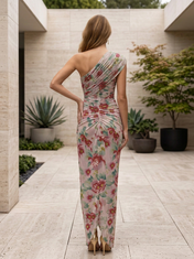 Red and Pink Floral Chiffon One-Shoulder High-Slit Sheath Floor-Length Gown Dress