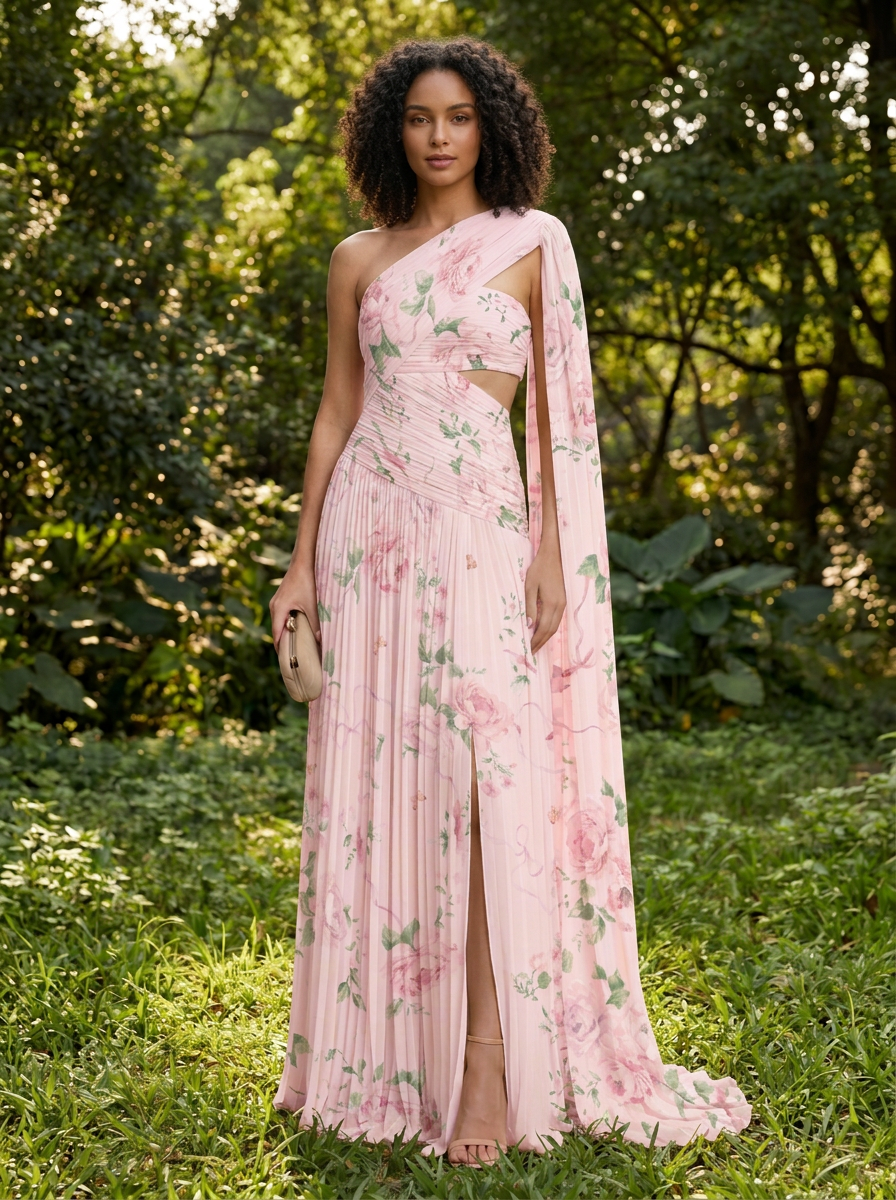 Pink Floral One-Shoulder Pleated Cutout Chiffon Floor-Length Gown Dress