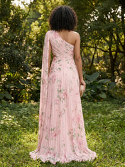 Pink Floral One-Shoulder Pleated Cutout Chiffon Floor-Length Gown Dress