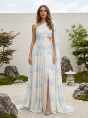 Sky Blue Floral One-Shoulder Pleated Chiffon Floor-Length Gown Dress