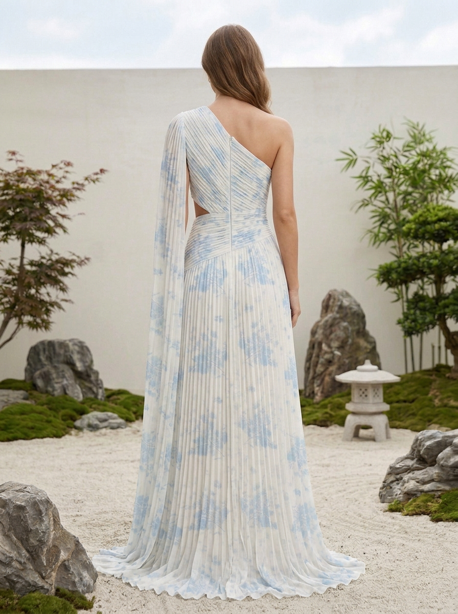 Sky Blue Floral One-Shoulder Pleated Chiffon Floor-Length Gown Dress
