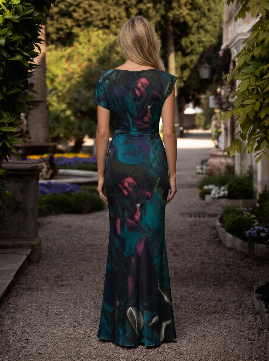 Dark Teal and Magenta Abstract Floral Chiffon Boat Neck Sheath Floor-Length Gown Dress