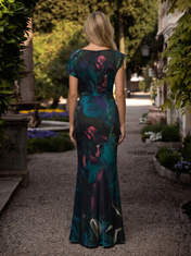 Dark Teal and Magenta Abstract Floral Chiffon Boat Neck Sheath Floor-Length Gown Dress
