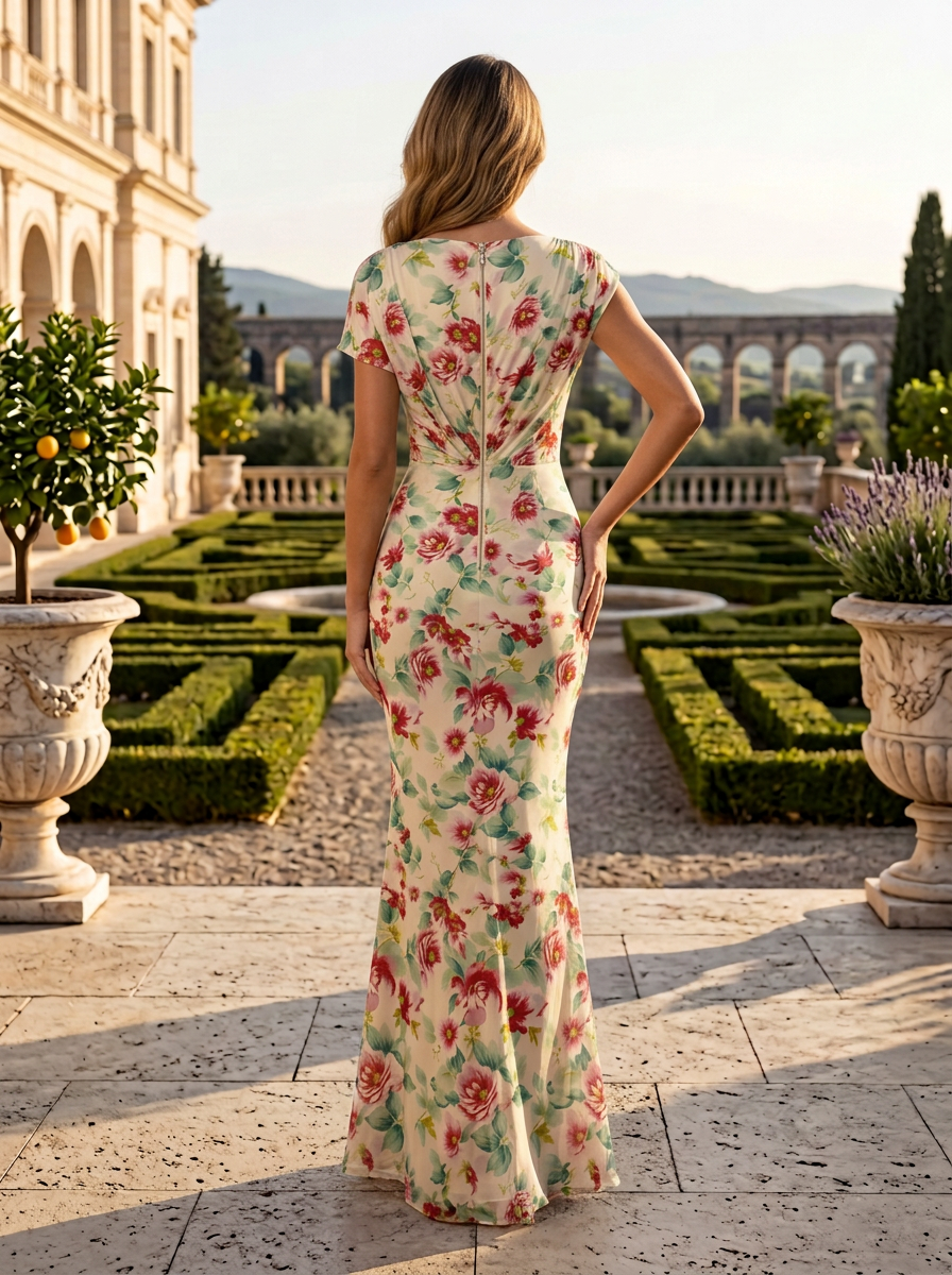 Cream and Red Floral Chiffon Boat Neck Asymmetrical Sheath Floor-Length Gown Dress