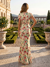 Cream and Red Floral Chiffon Boat Neck Asymmetrical Sheath Floor-Length Gown Dress
