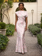 Pink Floral Print Draped Boat Neck Cap Sleeve Sheath Floor-Length Gown Dress