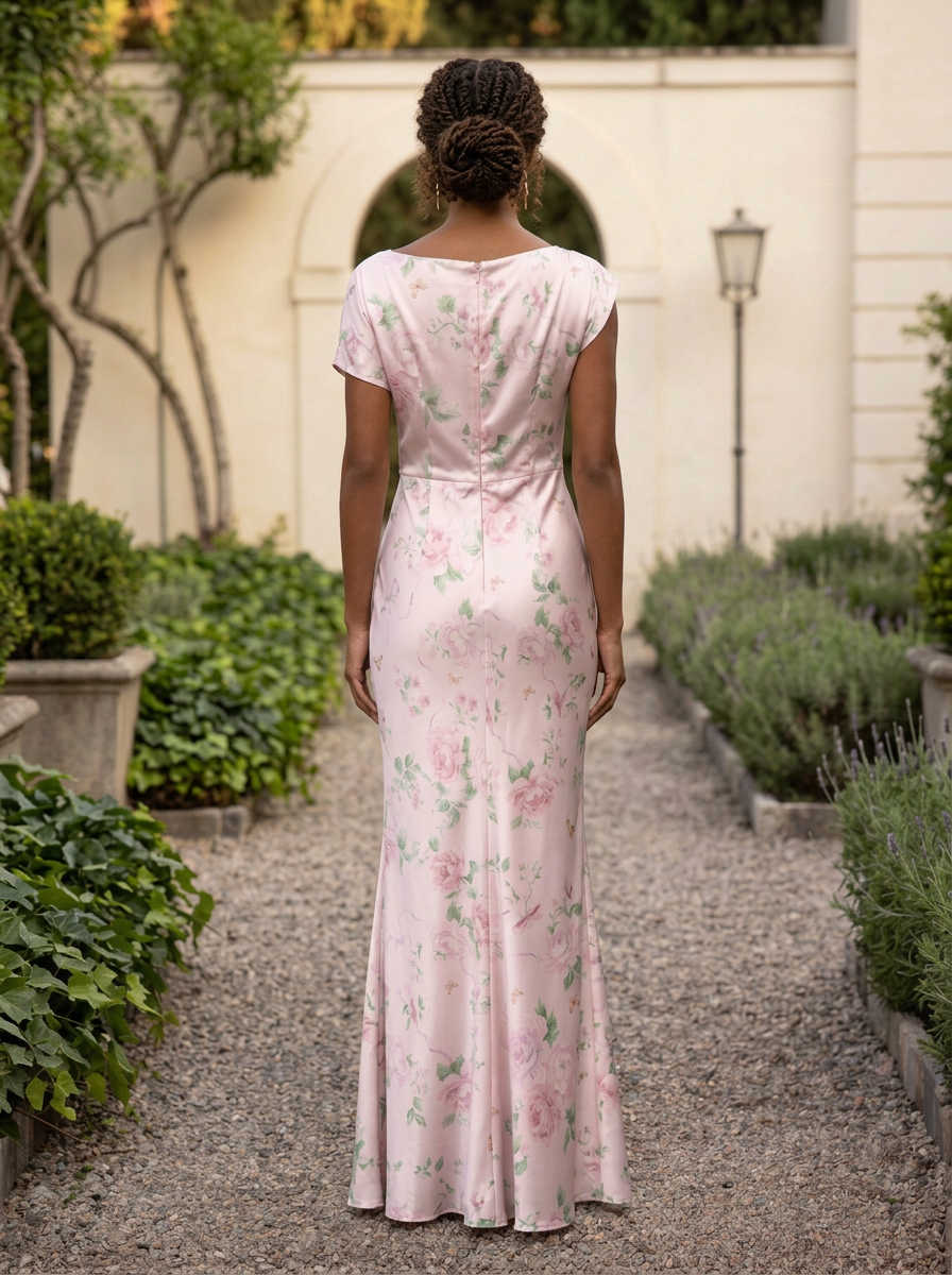 Pink Floral Print Draped Boat Neck Cap Sleeve Sheath Floor-Length Gown Dress