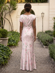 Pink Floral Print Draped Boat Neck Cap Sleeve Sheath Floor-Length Gown Dress