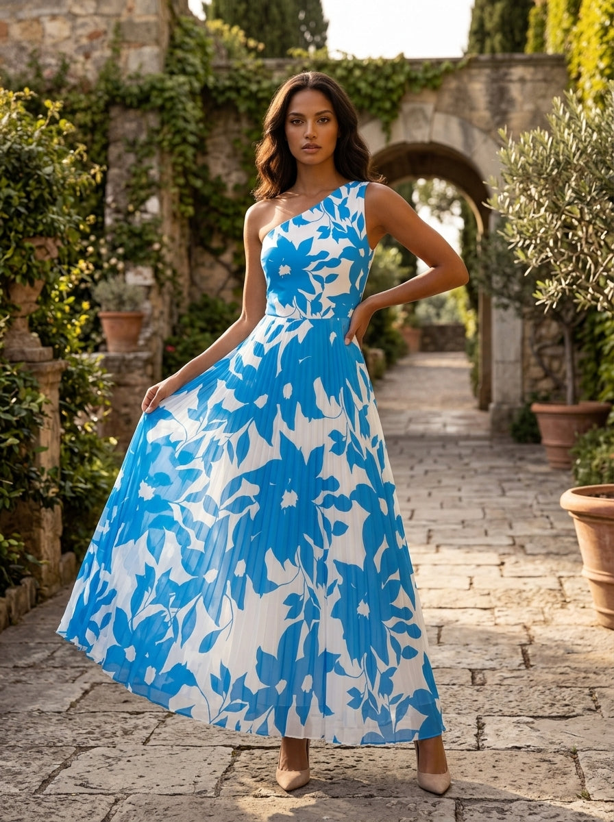Blue and White Floral Chiffon One-Shoulder Pleated A-Line Floor-Length Gown Dress