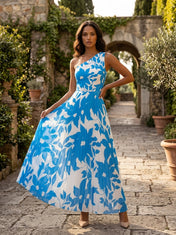 Blue and White Floral Chiffon One-Shoulder Pleated A-Line Floor-Length Gown Dress