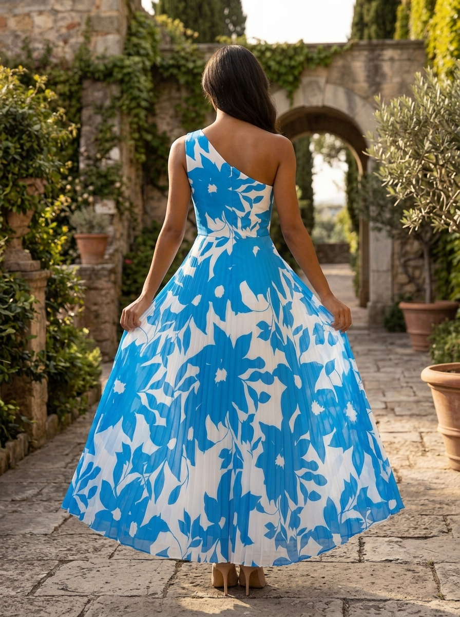Blue and White Floral Chiffon One-Shoulder Pleated A-Line Floor-Length Gown Dress