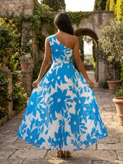 Blue and White Floral Chiffon One-Shoulder Pleated A-Line Floor-Length Gown Dress
