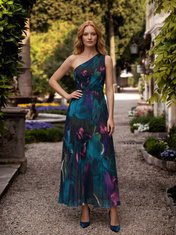 Teal and Magenta Floral One-Shoulder Pleated A-Line Floor-Length Gown Dress