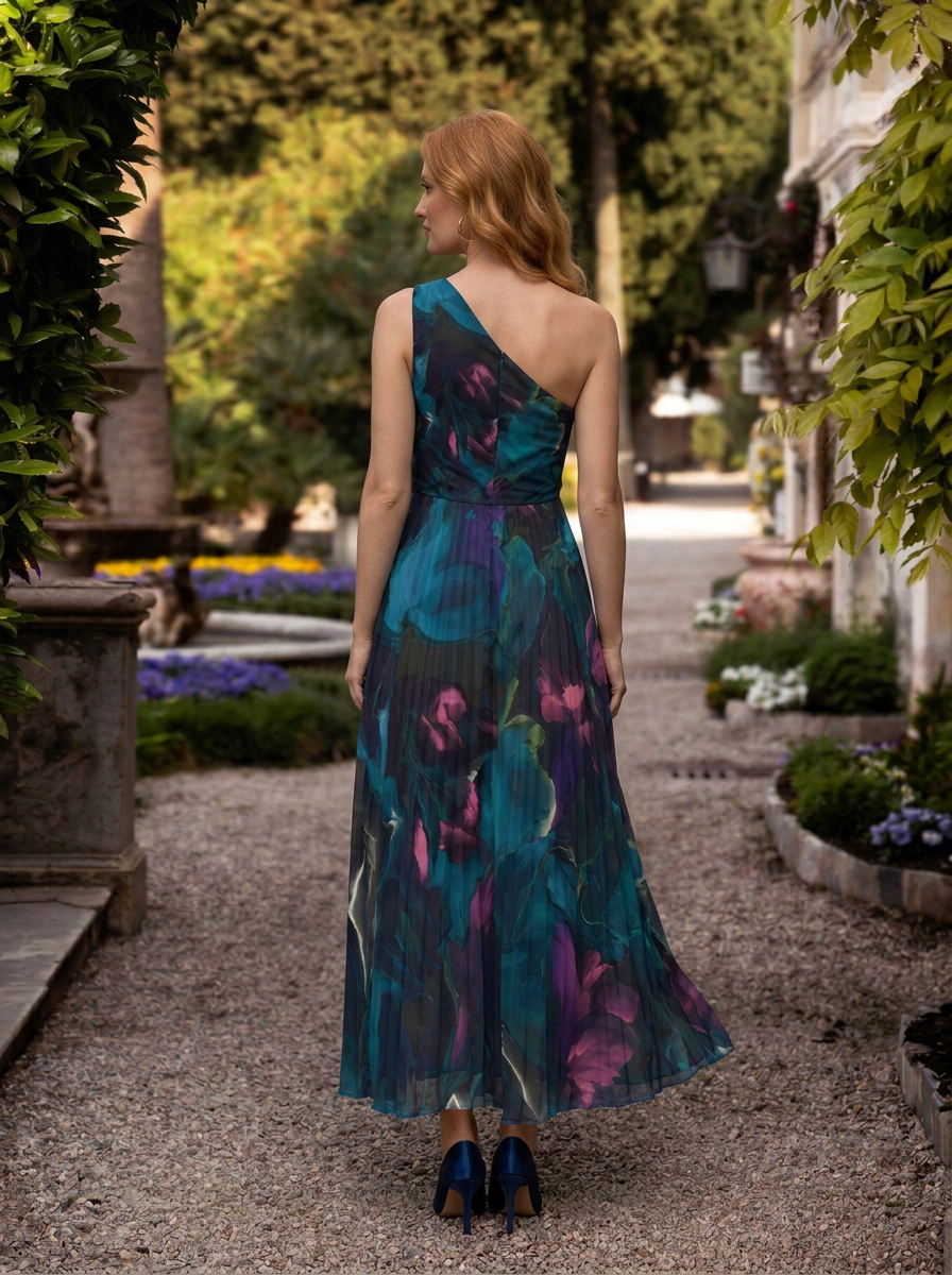 Teal and Magenta Floral One-Shoulder Pleated A-Line Floor-Length Gown Dress