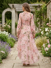 Pink Floral Chiffon Crew Neck Ruffled High-Low High-Slit Sheath Floor-Length Gown Dress
