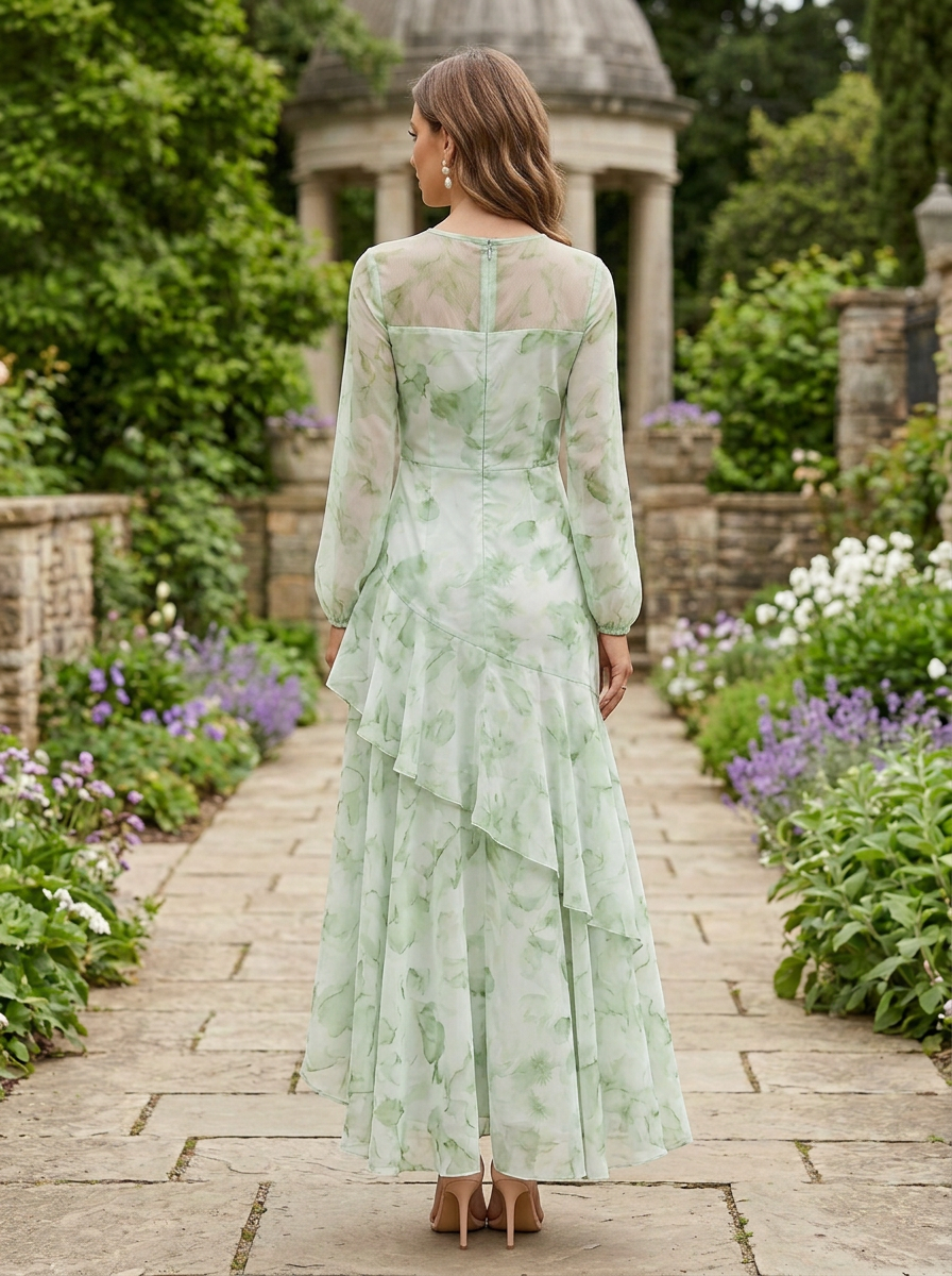 Sage Green Watercolor Floral Sheer Illusion Long Sleeve High-Low Dress