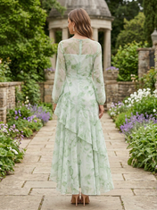 Sage Green Watercolor Floral Sheer Illusion Long Sleeve High-Low Dress