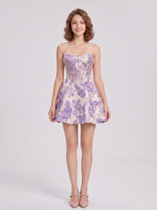 Strapless Sweetheart Floral Jacquard A-Line Mini Homecoming Dresses with Lace-Up Back